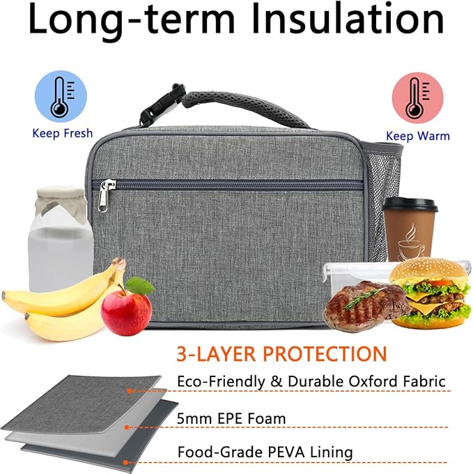 GYEUKHAM Insulated Lunch Box for School, Thermal Reusable Durable Freezable Lunch Bags for Kids Boys Girls Men Women - Small Soft Cooler Portable Lunch Tote Kit for Work Picnic Travel,Grey