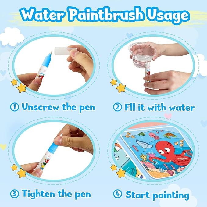 Water Painting Book for Kids - 4 Pack Magic Water Coloring Book with Water Pen Themes - Mess Free Water Art Book for Toddlers,No Mess Paint Coloring & Reusable Fun for Ages 3+ Travel Activity Toys