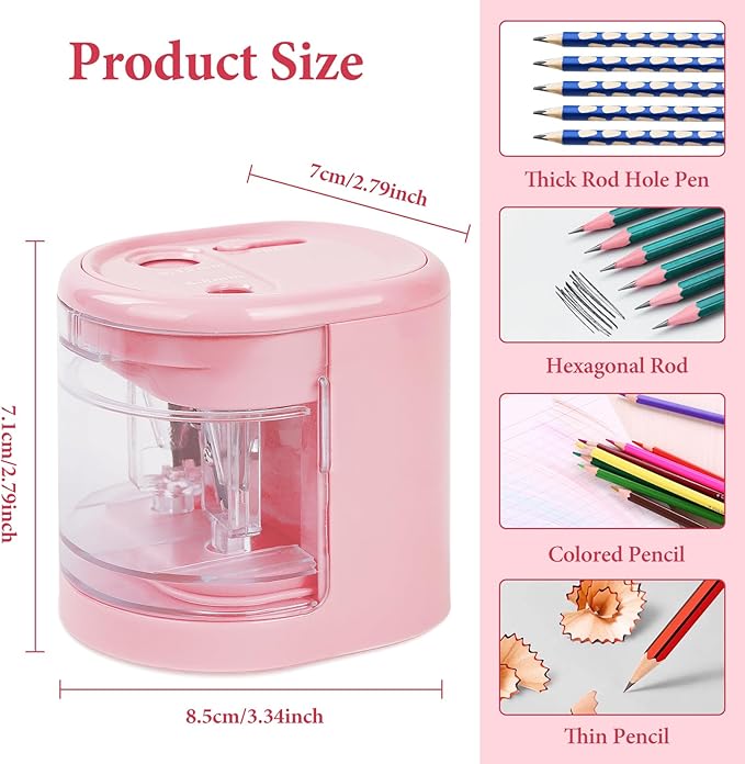 AUAUY Automatic Electric Pencil Sharpener with 2 Hole Sizes, Battery Operated with 4 Knife Holders & Charger, for Standard & Makeup Pencils (Pink)