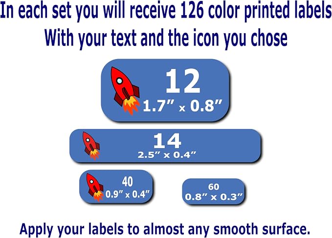 126 Custom Name Labels – Boys, Girls and Kids Icon Designs. Waterproof Labels for School, Daycare and Camp. Personalized Stickers, Dishwasher and Microwave Safe, Machine Washable.