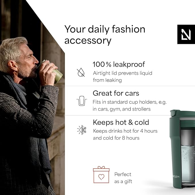 LARS NYSØM Thermo Coffee Mug to go 17oz | Travel Mug 0.5 Liter with Insulation | Leak Proof Stainless Steel Thermal Tumbler for Coffee and Tea on the Go (Pine Green, 17oz)