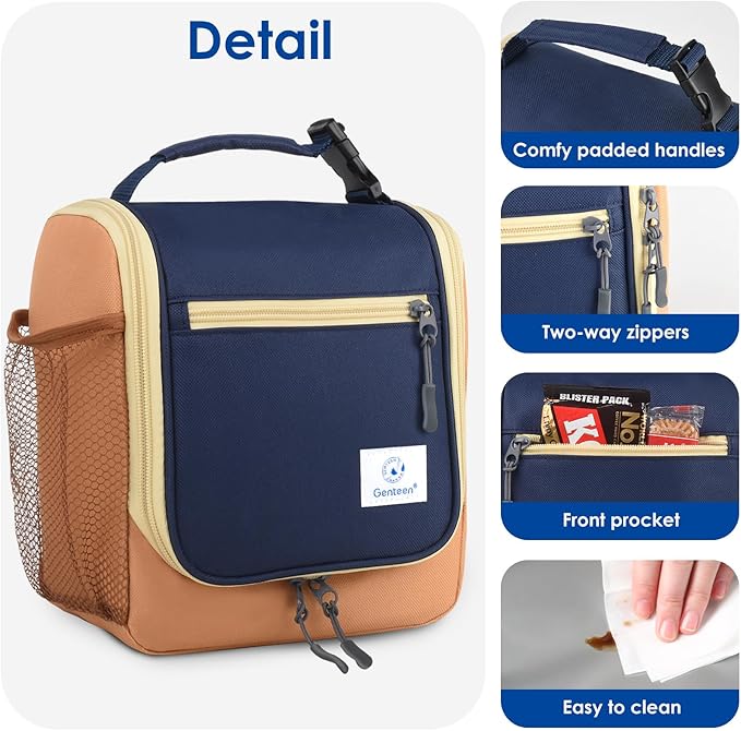 Genteen Kids Lunch Box, Insulated Lunch Bag for Kids, Toddler, Girl, and Boy; Holds Lunch Box, Water Bottle, & Snacks; Easy-Clean Water-Resistant Fabric & Multiple Zippered Pockets (Orange Blue)