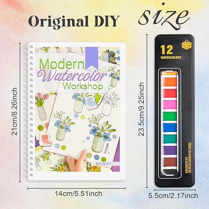 2Pcs Watercolor Workbook Beginner Friendly Watercolor Workbook with 12 Colors Paint Color, Watercolor Paper, Beginner Watercolor Painting Kit with Step by Step for Adults Teens Valentine's Day Gift