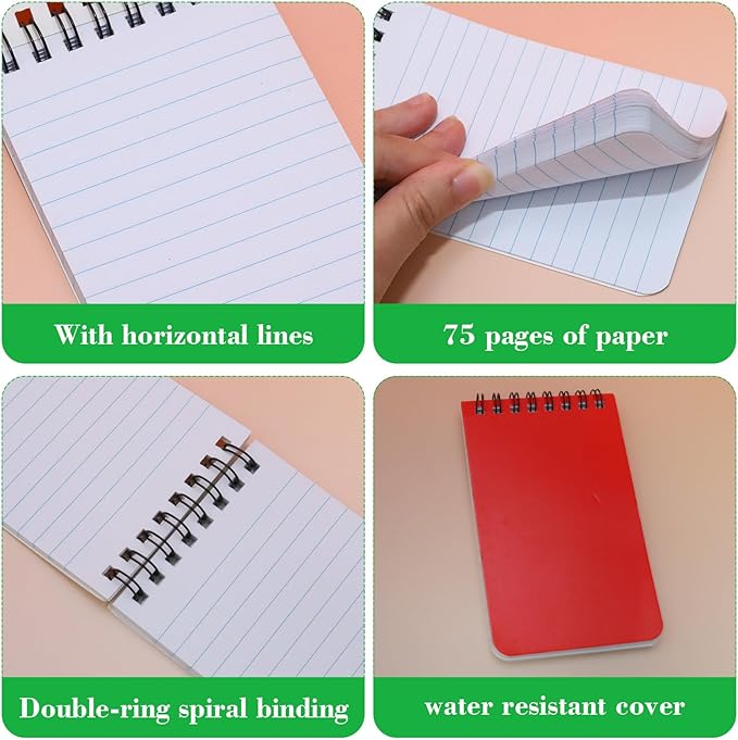 12 Pack mini Spiral Steno Pads,3x5 Inch Small Notepads, Small Pocket Notebooks, College Ruled Lined Note Pads For Kids Adults Outdoor,Home,School,Office,75 Sheets/150 Pages (Red)