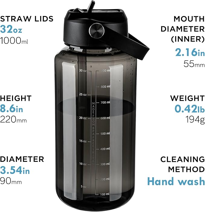 OLDLEY 32 oz Clear Water Bottle with Straw,Tritan BPA-Free, Wide Mouth, Leak Proof - for Gym, Travel, Home, School, Office (Black)