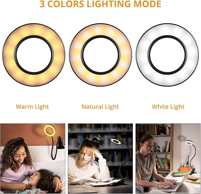 Woputne Desk Clip on Lamp for Reading Home Office, with 5V 2A Adapter, 10 Dimmable Brightness 3 Modes, Clamp Reading Light for Bed Headboard, Craft (Black)…
