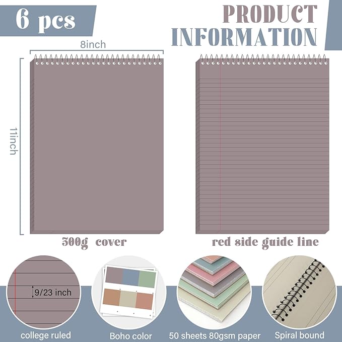 gisgfim 6 Pcs Boho Top Bound Spiral Notebooks 8.5" x 11" College Ruled Aesthetic Legal Pad Top Spiral Steno Pads Colored Paper Assorted Covers Spiral Notebook for Writing School Office Supplies