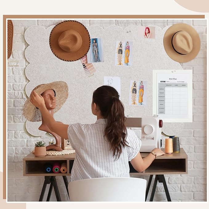Mooliwe Scalloped Felt Bulletin Board 60 x 36 Inches Foldable Beige Pin Cork Board Alternative for Wall, 5' x 3' Trifold Picture Vision Self Adhesive Bulletin Decorative
