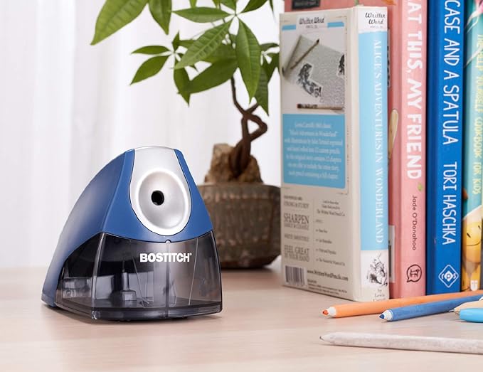 Bostitch Office Electric Pencil Sharpener for Classroom & Desk Use, Heavy-Duty Stall-Free Motor, High-Capacity Shavings Tray, Dark Blue