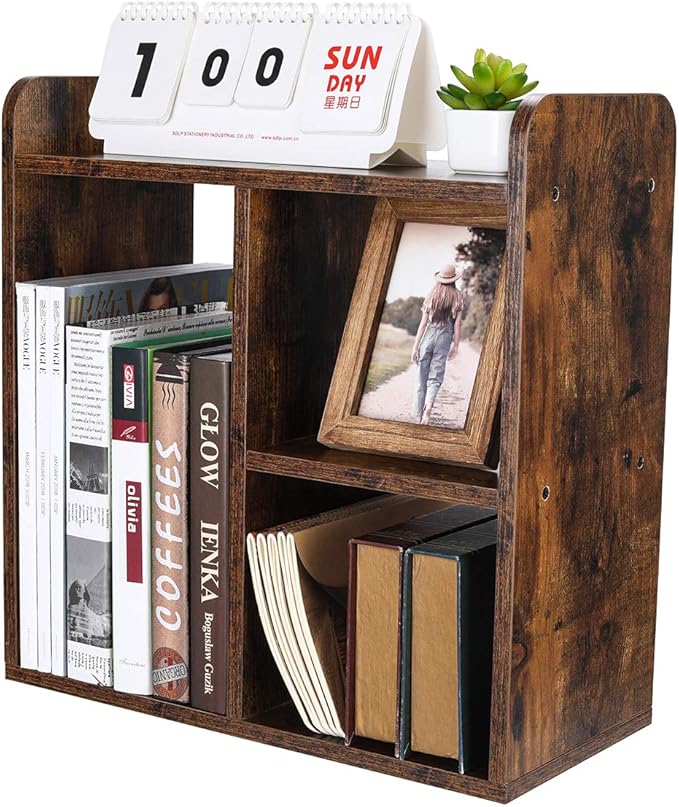 PAG Desktop Shelf Freestanding Wood Small Bookshelf Desk Supplies Organizers and Accessories Storage Display Rack Office Decor for Women, Antique Brown