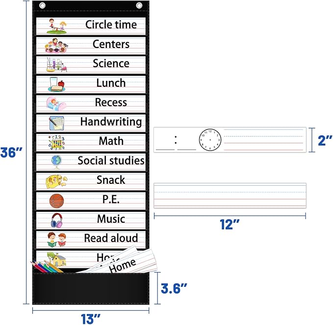 AKAYOK Daily Schedule Pocket Chart — 13+1 Pocket Visual Schedule for Kids, Includes 18 Double-Sided Blank Reusable Dry-Erase Cards, Daily Planner with Hourly Schedule for Classroom, Office, Home, School Activities (Black)