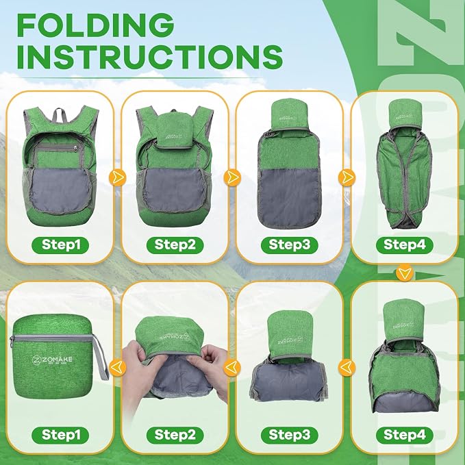 ZOMAKE Lightweight Packable Backpack, 10L Small Foldable Daypack for Hiking | Water Resistant Collapsible Backpacks for Women Men,Everyday Carry, Multi Compartment Storage,Adjustable Strap(Dark Green A1)