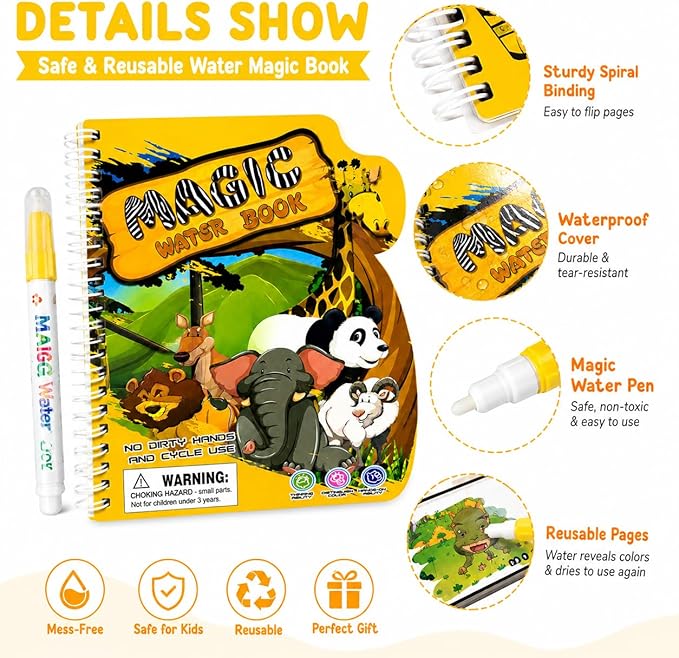 zreboeim Magic Water Coloring Book for Kids, Zoo Animal Themed Reusable Water Doodle Book with Pen, Mess-Free Painting Activity Toy for Toddlers Ages 3+ Educational Travel Gift