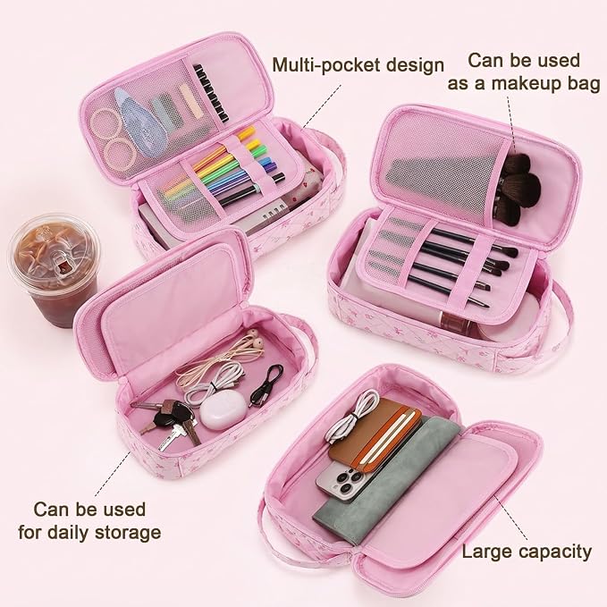 Cute Floral Quilted Pencil Case for Girls, Large Aesthetic Pen Pouch with Handle, Multi Compartment Stationery Organizer, Portable Travel Cosmetic Makeup Bag Back to School