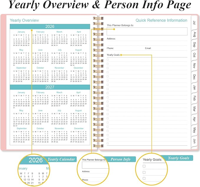 2026-2027 Planner - Planner 2026-2027 from July 2026 - June 2027, Weekly & Monthly Planner Spiral Bound with 12 Monthly Tabs, Inner Pocket, 6.4" x 8.5", Pink-E