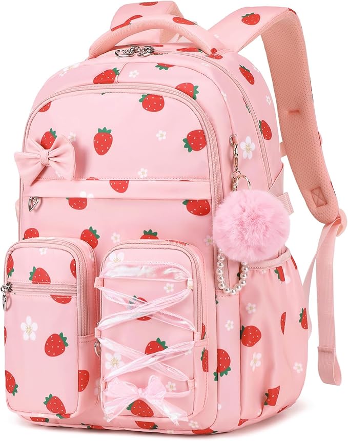 MOONBABY Kids Backpack for Girls, Fits 15.6 Inch Laptop Large Capacity School Bookbag, Girls Backpack with Lovely Pendant, Back to School Bag for Elementary Primary Students Teen Ages 6-12, Pink