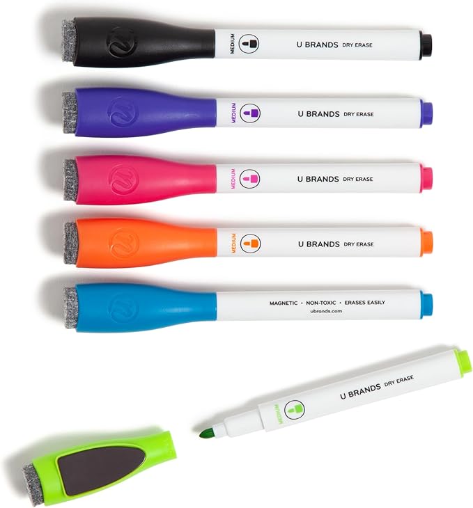 U Brands Fine Tip Dry Erase Markers with Eraser, Low Odor Whiteboard Markers Fine Tip, Assorted Bright Colors, Set of 6