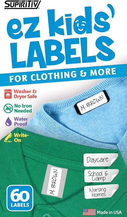 Ez Kids Clothing Labels Self-Stick No-Iron Write-On | Great for Children & Adults | Washer & Dryer Safe | School, Camp, Nursing Care, Toys, Organizing, All Purpose (60-Pack)