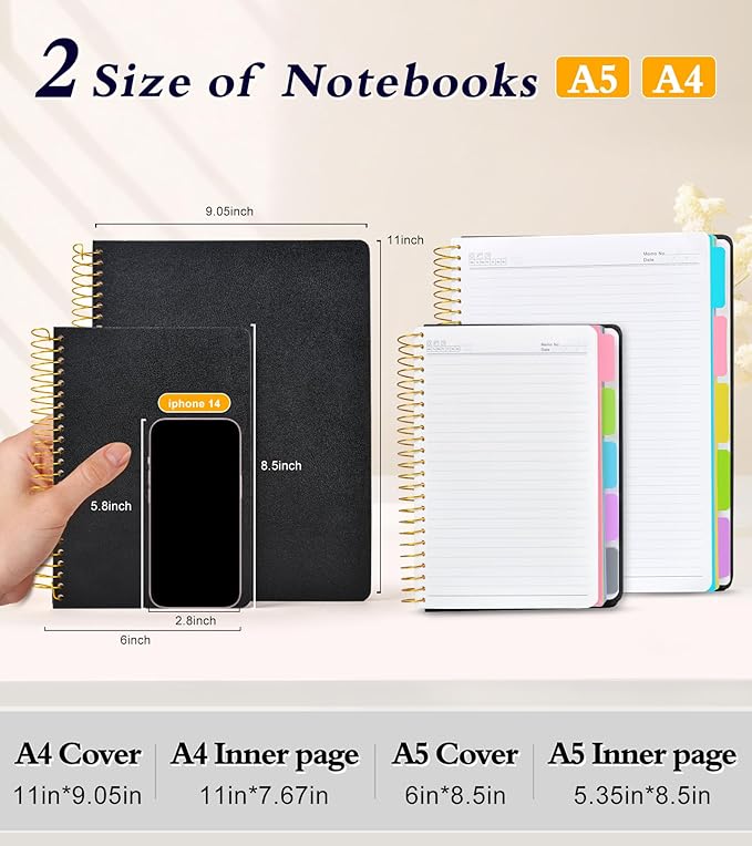5 Subject Notebook College Ruled with Removable Pocket Dividers Tabs, 240 Pages Spiral Notebook 8.5 x 11, Lined Journal Notebook for Women , Hardcover Notebooks for Work School Note taking A4 Black