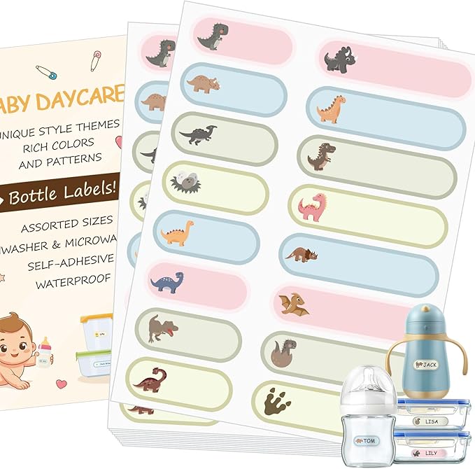 480Pcs Baby Bottle Labels for Daycare, Waterproof Name Labels for Kids Daycare Essentials for Nursery and Preschool (Dinosaurs)
