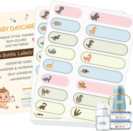 480Pcs Baby Bottle Labels for Daycare, Waterproof Name Labels for Kids Daycare Essentials for Nursery and Preschool (Dinosaurs)
