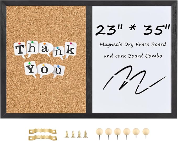Bulletin Board Whiteboard Cork Board Combo for Office School Kitchen Bedroom, Black Wood Frame,23.6"*35.4",Whiteboard+Cork-6090BK