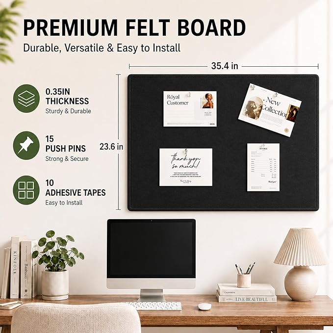 Felt Bulletin Board for Wall 36" x 24" Unfolded Size, Frameless Felt Pin Board, Soft Cork Board Alternative for Office, Home Planning, Notes, Photos & Wall Decor, Foldable Shipping, Easy Install