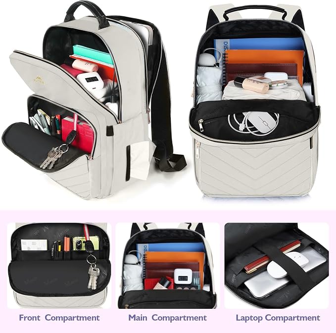 MATEIN Travel Laptop Backpack, Anti Theft Quilted Slim Backpacks for Women | Bookbag with Detachable Keychain Hook, Carry on Bags Purse, for Teacher Doctor Nurse, Fits 15.6 Inch Notebook, White
