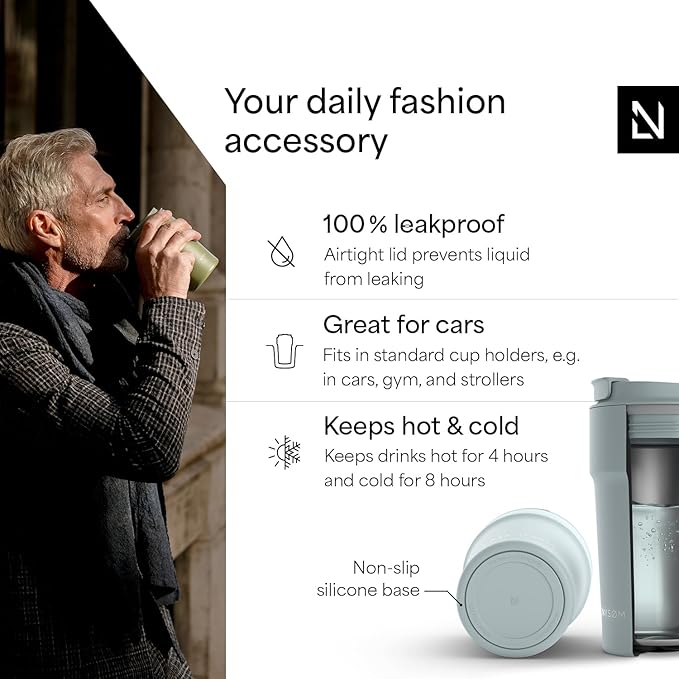 LARS NYSØM Thermo Coffee Mug to go 17oz | Travel Mug 0.5 Liter with Insulation | Silicone grip base | Leak Proof Stainless Steel Tumbler for Coffee and Tea on the Go (Powder Sky Blue, 17oz)