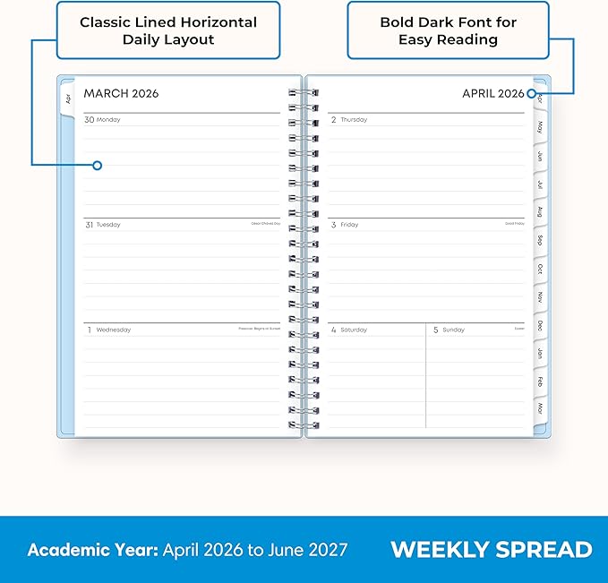 Blue Sky 2026-2027 Weekly and Monthly Academic Year 15 Month Planner Calendar, April 2026 - June 2027, 5" x 8", Flexible Cover With Pockets, Wirebound, Storage Pocket, Blues
