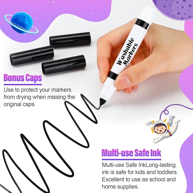24 Pcs Washable Markers Bulk Broad Line Markers Coloring Conical Tip Large pens for Kids art projects, Teachers, Students, Toddlers, Party Favors, Classrooms, Donations(Black)