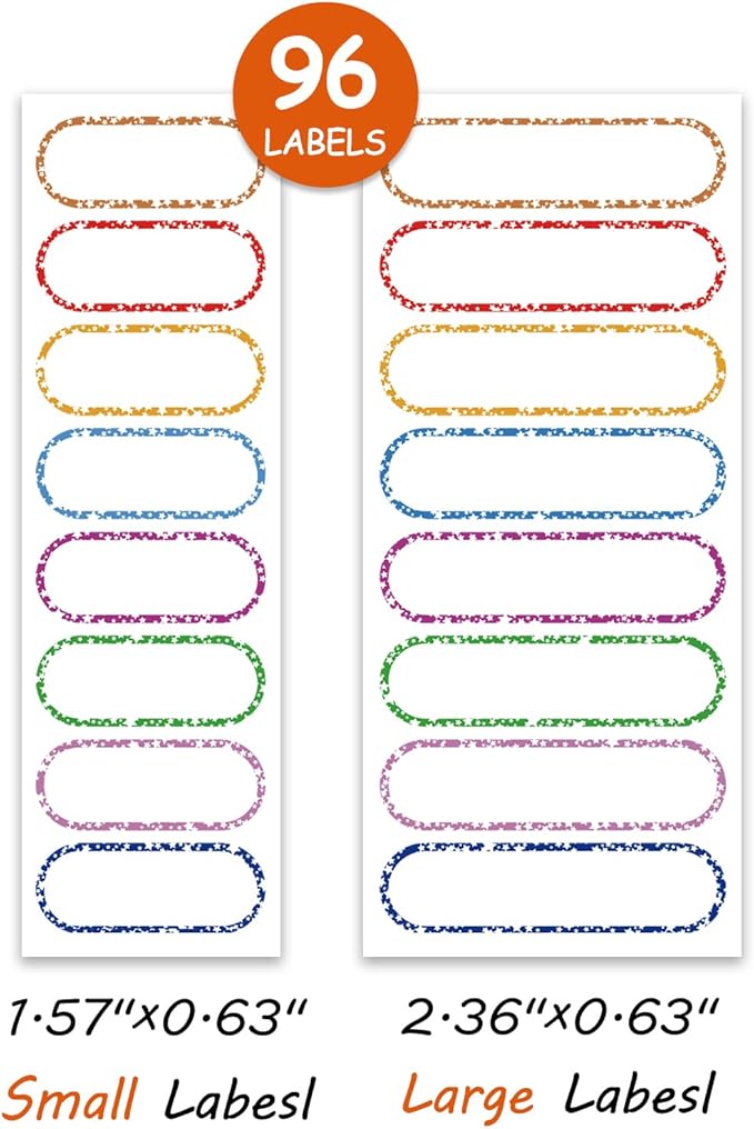 96 PCS Waterproof Bottle Labels, Write-On Kids Name Labels, Self-Laminating Self-Adhesive Bottle Strickers for Daycare School, Assorted Sizes & Colors