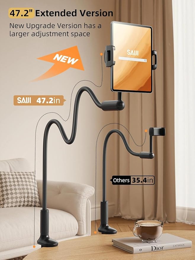 SAIJI 47" Gooseneck Kindle Holder, Tablet Holder for Bed with Upgraded Base, iPad Stand with Flexible Lazy Arm, Compatible with iPad mini Pro Air, Kindle, Galaxy or Other 4.7-11" Device (Black)