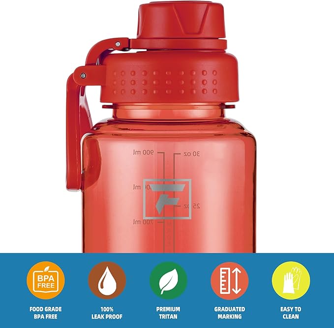 Fanhaw 32 oz Clear BPA-Free Tritan Water Bottle with Fast-Flow Spout Lid, Leakproof Wide-Mouth Reusable Bottle for Gym, School & Office (Red)