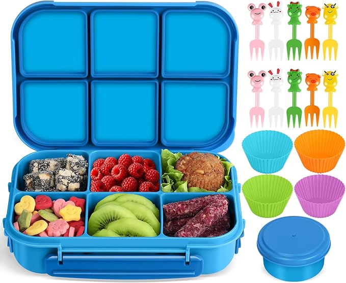Amathley Lunch Box Kids Girls Boys,Bento Box Adult,Toddler Lunch Containers for School,Leakproof Snack Containers with 6 Compartments,Sauce Container,10 Food Picks and 4 Muffin Cups (Blue)