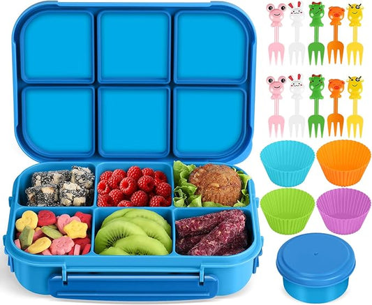 Amathley Lunch Box Kids Girls Boys,Bento Box Adult,Toddler Lunch Containers for School,Leakproof Snack Containers with 6 Compartments,Sauce Container,10 Food Picks and 4 Muffin Cups (Blue)