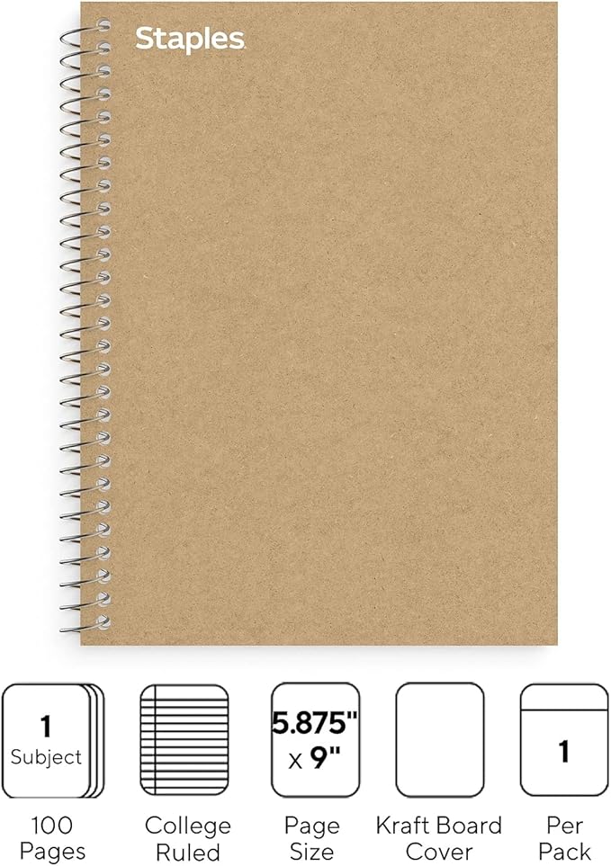 STAPLES Premium 1-Subject Notebook, 5.875" x 9", College Ruled, 100 Sheets, Brown