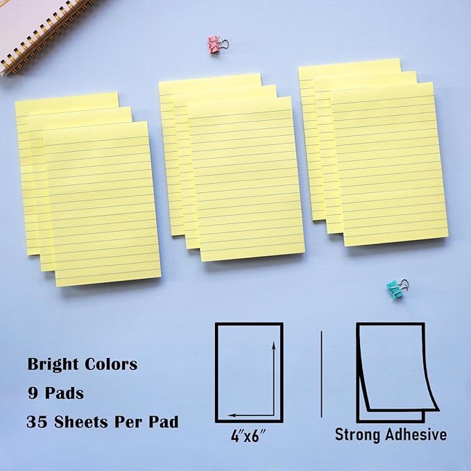 9 Pack Lined Sticky Notes 4x6 in Post, Yellow Large Notepads with Lines, Strong Adhesive, Self-Stick Pads for Office, Home, School