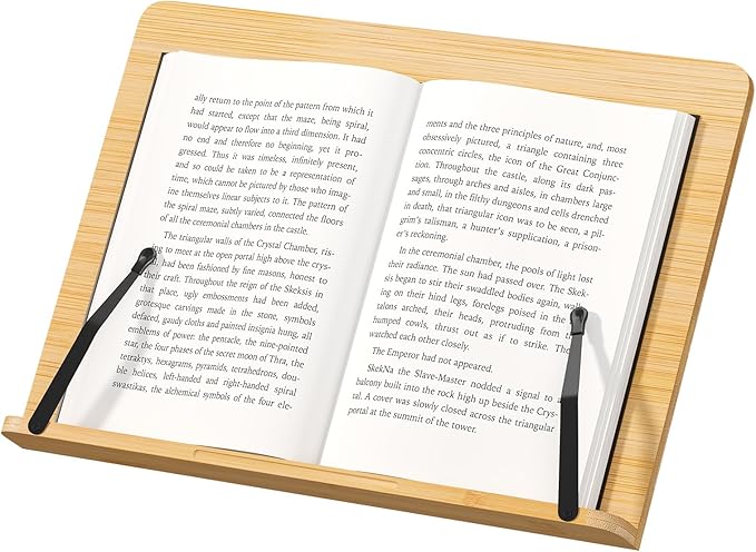 Bamboo Book Stand, Adjustable Reading Holder with Page Clips, Portable Lightweight Desk Stand for Textbooks, Cookbooks (Large)