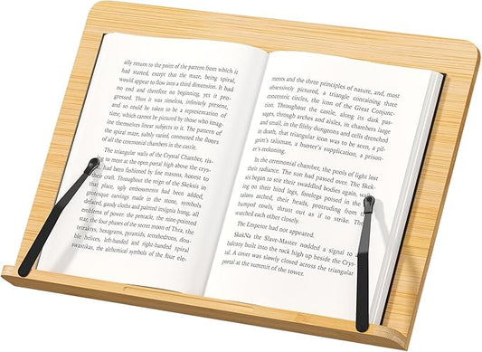 Bamboo Book Stand, Adjustable Reading Holder with Page Clips, Portable Lightweight Desk Stand for Textbooks, Cookbooks (Large)