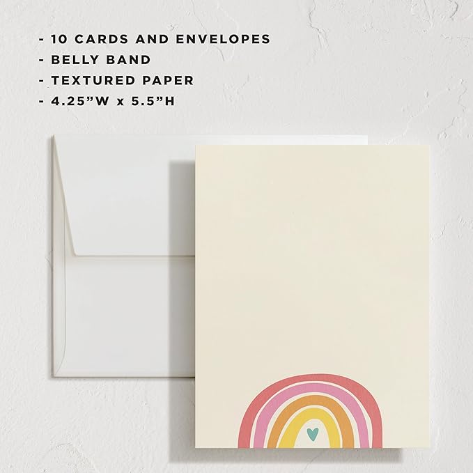 Minted Cheerful Stationery Set, Set of 10, Flat Note Cards & Envelopes for Invitiations and Handwritten Thank You Messages, Rainbow with Heart Accent, Gifts for Teachers