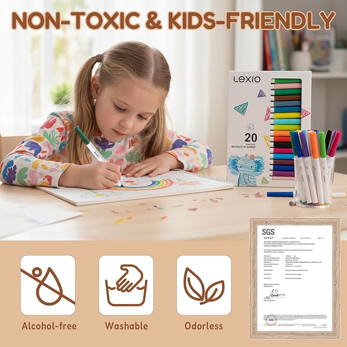 Lexio Washable Markers For Kids, 20 Vibrant Coloring, Washable Non Toxic Markers for Toddlers, Conical Tip, Easy Clean Coloring Book Marker Set for Kids Toddlers Adults Students (12 Box | 240 Markers)