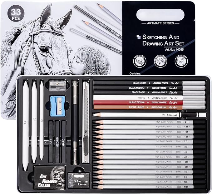 Drawing Sketching Pencil Set, 33 PCS Graphite and Charcoal Pencils with Blending Stumps, Erasers, Art Knife & Pencil Extender in Metal Box, Artist Sketching Supplies for Drawing & Shading