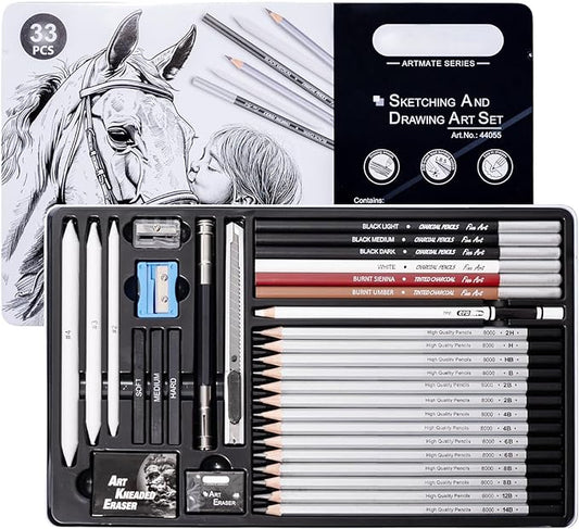 Drawing Sketching Pencil Set, 33 PCS Graphite and Charcoal Pencils with Blending Stumps, Erasers, Art Knife & Pencil Extender in Metal Box, Artist Sketching Supplies for Drawing & Shading