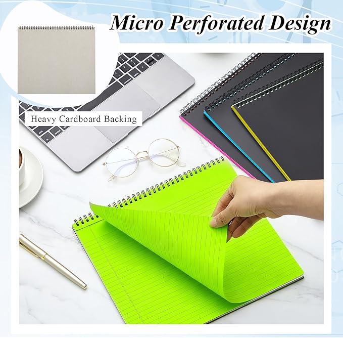 MotiMind 4 Pcs Legal Pads Landscape Notebooks Hole Punched Top Spiral Bound Notebooks 11 x 9.5 Inch College Ruled Drawing Notepad Tear Line for Removal 50 Sheet Office Steno Book(Neon)
