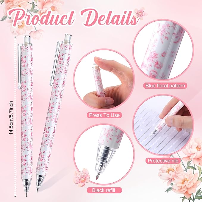 Resurhang 30 Pcs Pink and White Floral Ballpoint Pens 0.5 mm Black Ink Chinoiserie Gel Pens Vintage Aesthetic Retractable Ballpoint Office School Supplies for Bridal Baby Shower Wedding