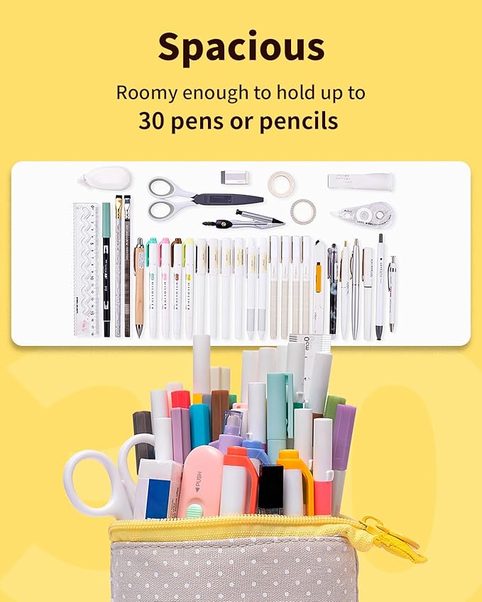 Sooez Standing Pencil Case, Cute Stand up Pencil Pouch, Telescopic Pen Pouch, Portable Pencil Holder, Cute Stand up Pencil Case, Spacious Pencil Pouch Bag for School Office Supplies Yellow