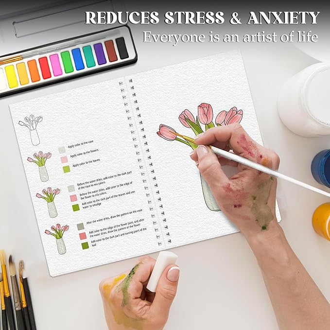 2Pcs Watercolor Workbook Beginner Friendly Watercolor Workbook with 12 Colors Paint Color, Watercolor Paper, Beginner Watercolor Painting Kit with Step by Step for Adults Teens Valentine's Day Gift