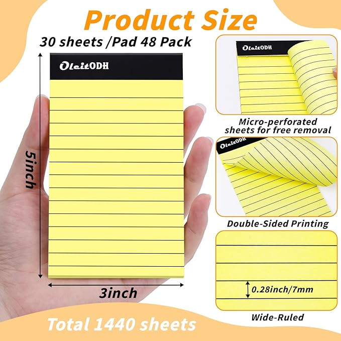 Oleitodh 3x5 Notepads – 48 Pack Yellow Memo Pads Small Writing Pads with Perforated Lined Pages, Mini Note Pads 30 Sheets per Lined Note Pads 3x5, Pocket Notepads for Office School Home Supplies