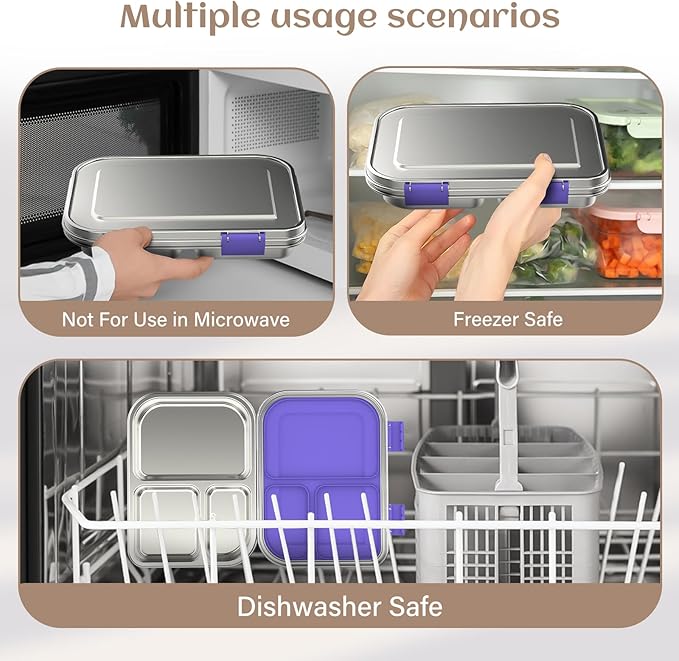 BABHAMNESS Stainless Steel Bento Box Kids, 3 Compartments Leak Proof Metal Bento Lunch Box, 304 Stainless Steel Bento Lunch Containers for School and Office,Dishwasher Safe, BPA-Free-Purple